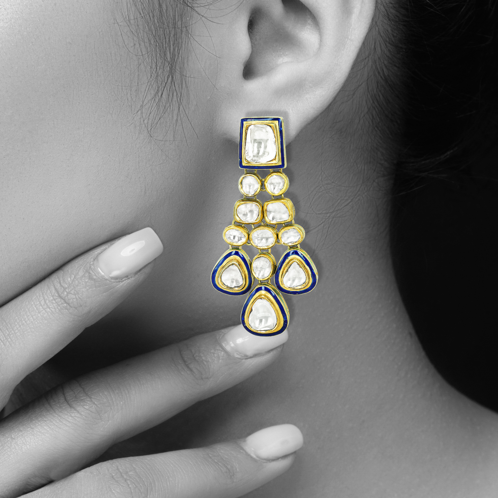 Cascading Polki Earrings with Blue Enamel